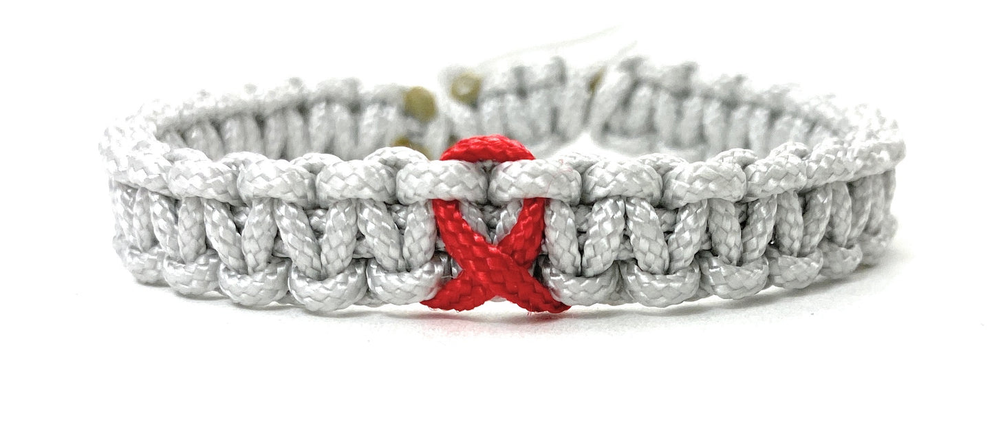 Paracord Armband Verstellbar-HIV/Aids Schleife-Rote Schleife-Red Ribbon-Awareness Armband-Bewusstsein-Silver Grey