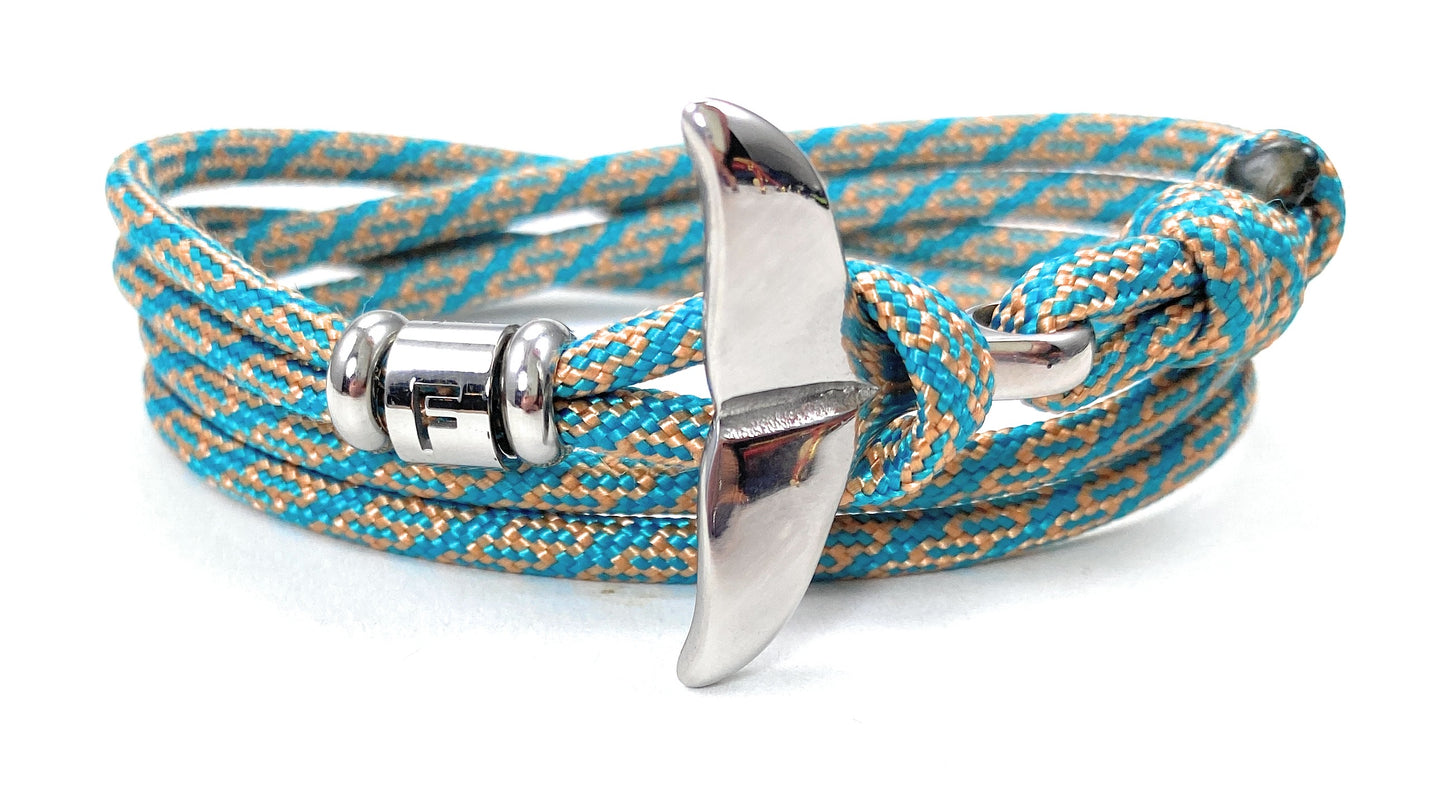 Edelstahl Walflossen Armband mit Buchstabe-Wickelarmband-Verstellbar-US Paracord III-Aquamarine Blau + Golden Copper Glamour Helix DNA
