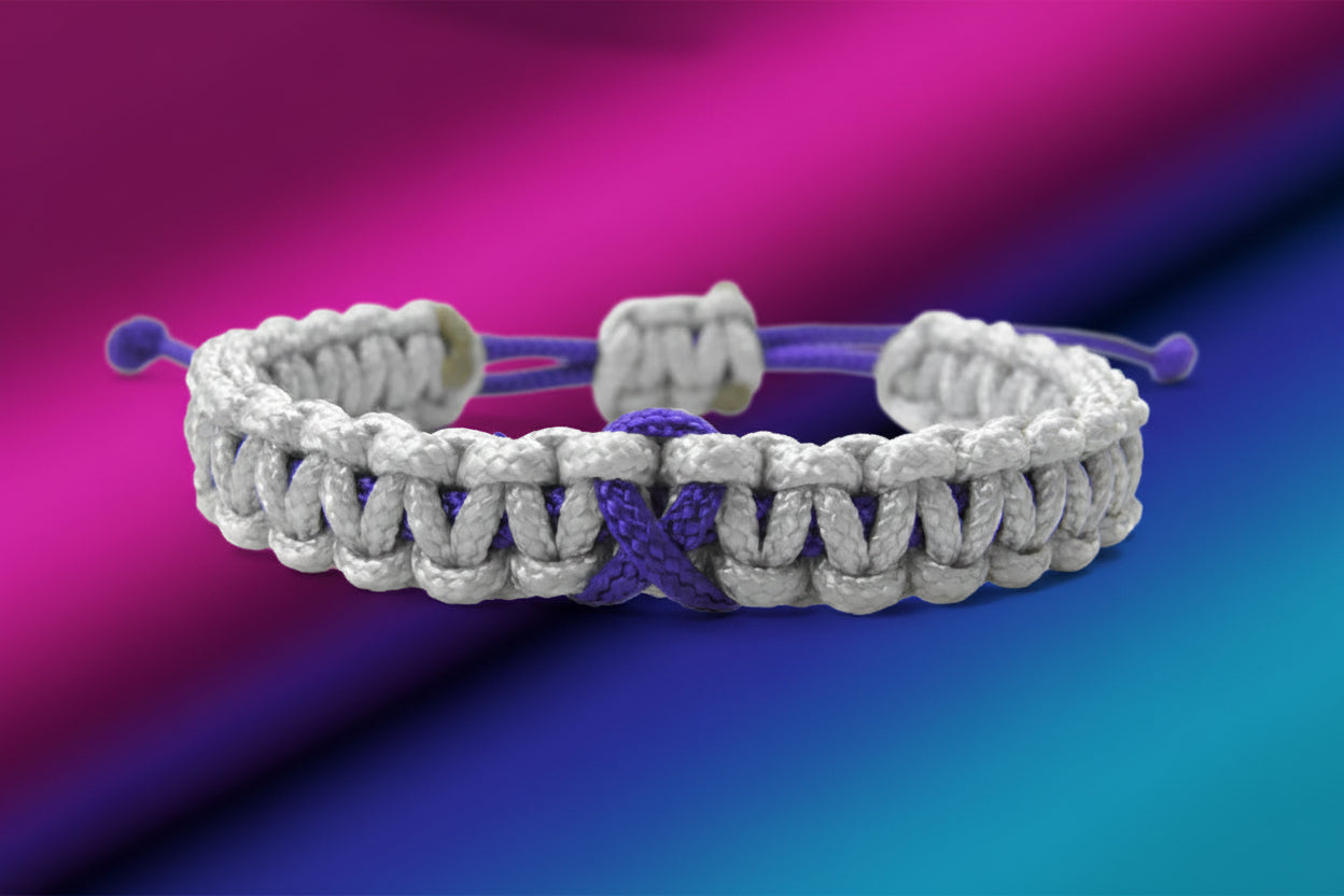 Paracord Armband Verstellbar-Lila Schleife-Ribbon-Awareness Armband-Fibromyalgie Bewusstsein-Solidarität-Silver Grey