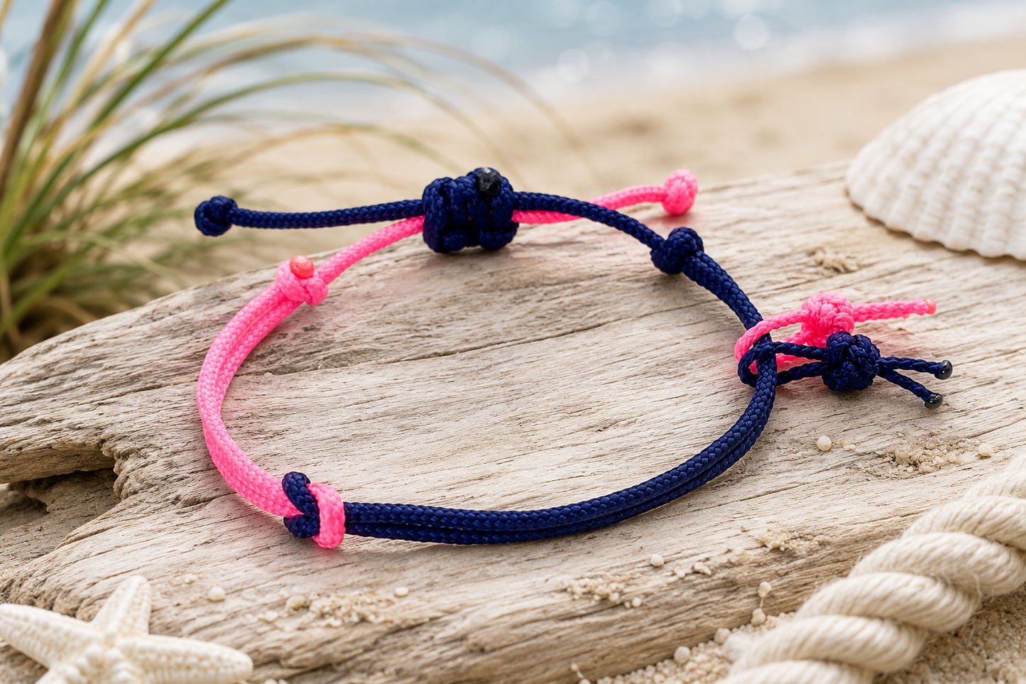 Paracord Coast Duo Armband – verstellbares Surferarmband – freie Farbwahl – Unisex - Midnight Blue & Neon Pink
