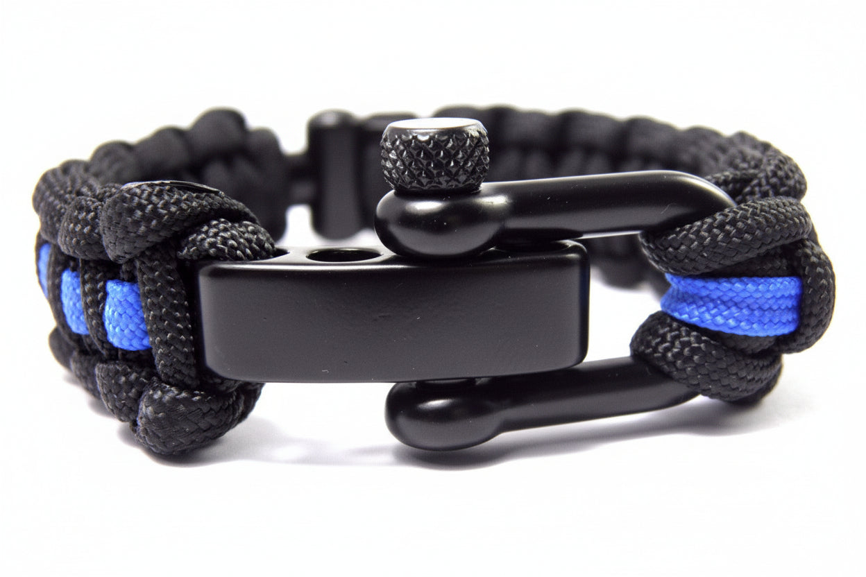 Paracord Typ 3 Armband, ca. 2,8 cm breit -Thin Blue Line-Polizei-Männer, Frauen Armband-Schwarz