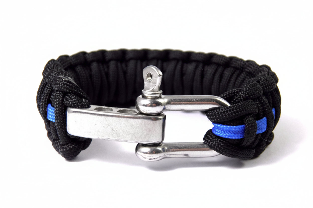 Paracord Typ 3 Armband, ca. 2,8 cm breit -Thin Blue Line-Polizei-Männer, Frauen Armband-Schwarz