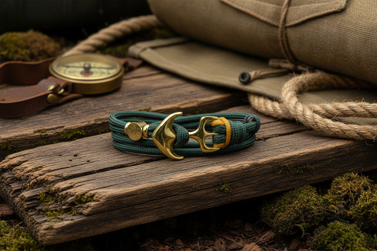 Maritimes Surfer Edelstahl Anker Armband-US Paracord III-Verstellbar-Unisex-Frauen, u. Männer-Geschenk-Alpine Green mit Akzentfarbe - Caramel