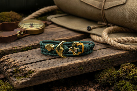 Maritimes Surfer Edelstahl Anker Armband-US Paracord III-Verstellbar-Unisex-Frauen, u. Männer-Geschenk-Alpine Green mit Akzentfarbe - Caramel