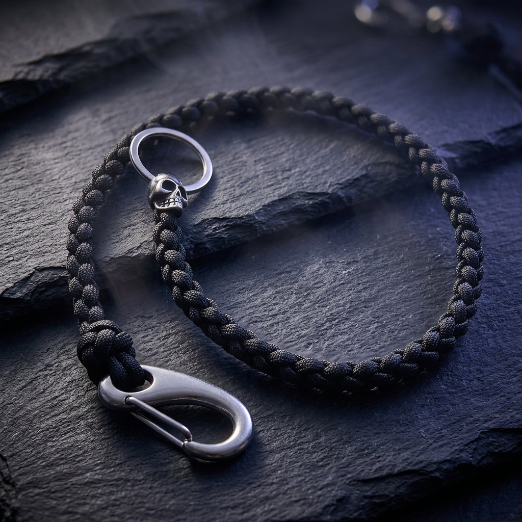 Paracord Portemonnaie Kette mit Edelstahl Totenkopf und Karabiner – Anthrazit