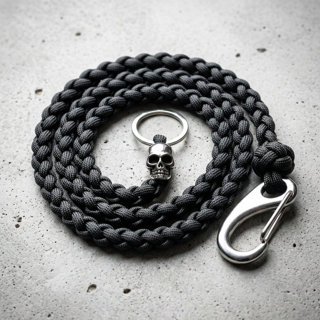 Anthrazitfarbene Paracord-Portemonnaie-Kette mit geflochtenem Band, Edelstahl Karabiner und dekorativem Totenkopf-Anhänger aus Edelstahl