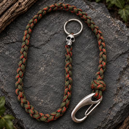 Olivgrüne Paracord-Portemonnaie-Kette mit roten Akzenten, Edelstahl-Karabiner und Totenkopf-Anhänger auf dunklem Steinhintergrund.
