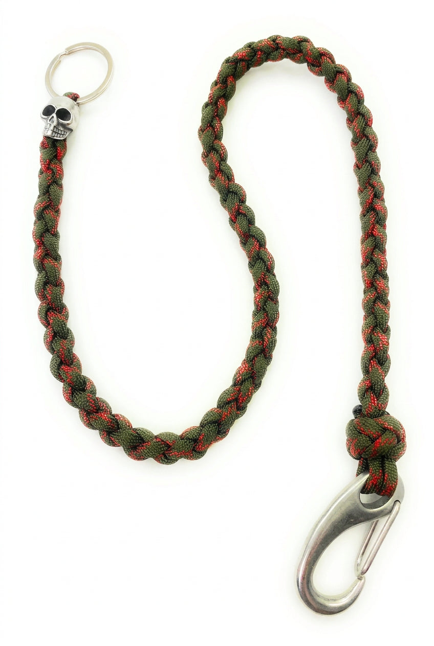 Olivgrüne Paracord-Portemonnaie-Kette mit roten Akzenten, Edelstahl-Karabiner und Totenkopf