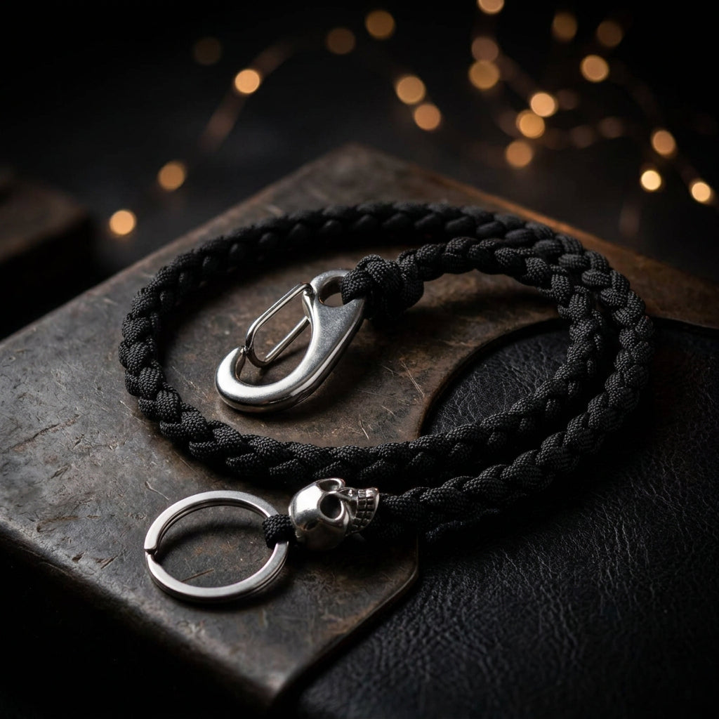Handgefertigte schwarze Portemonnaiekette aus Paracord mit Totenkopf und silberfarbenem Karabiner vor dunklem Hintergrund.

