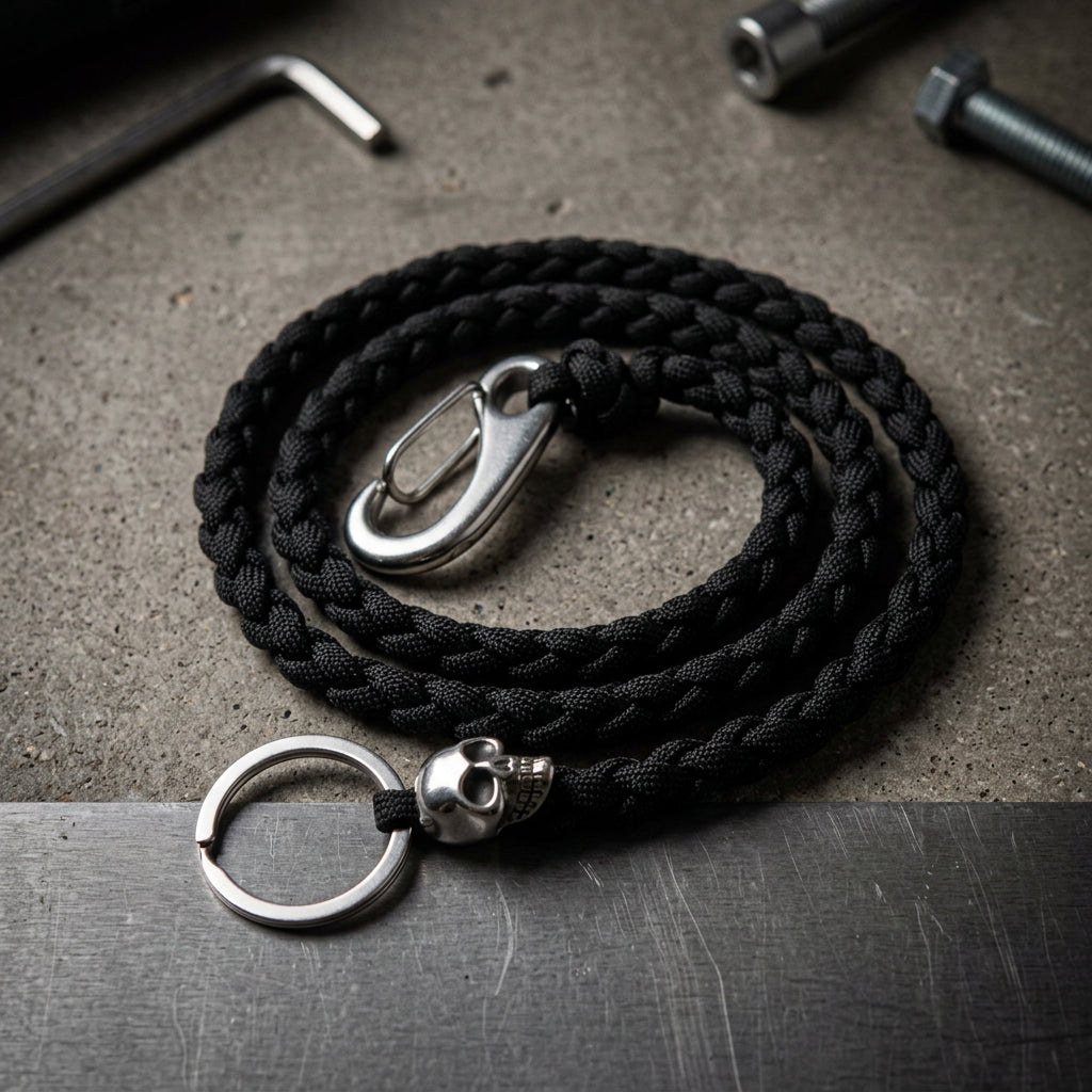 Schwarze Paracord Schlüsselkette mit silberfarbenem Karabiner und Edelstahl-Totenkopf in Nahaufnahme.