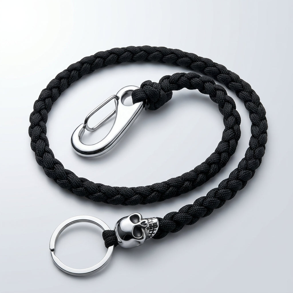 Schwarze Paracord Schlüsselkette mit silberfarbenem Karabiner, Schlüsselring und Edelstahl-Totenkopf auf hellem Hintergrund.