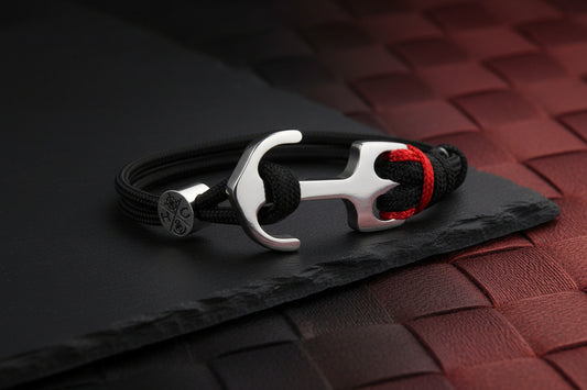Maritimes Surfer Edelstahl Anker Armband-US Paracord III-Verstellbar-Unisex-Frauen, u. Männer Armband-Geschenk-Black & Akzentfarbe Imperial Red