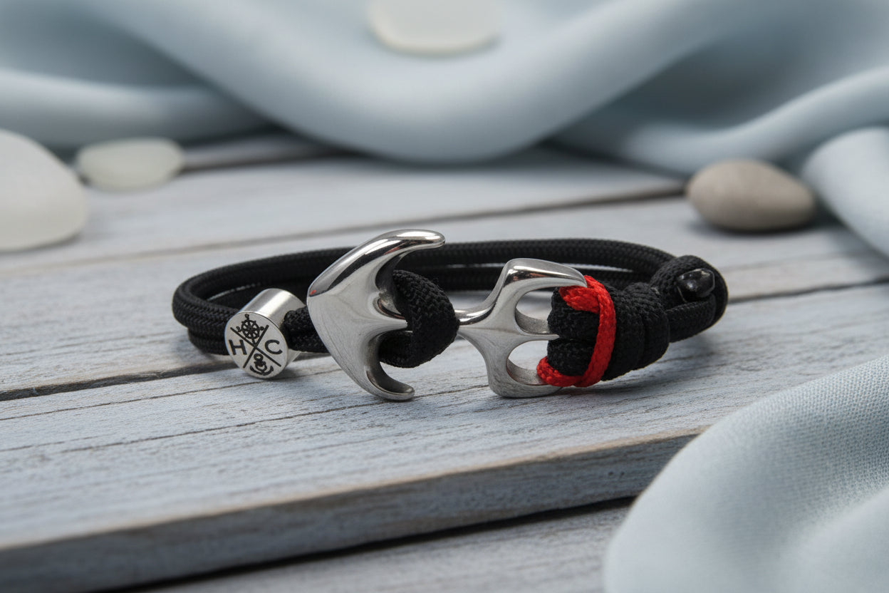 Maritimes Surfer Edelstahl Anker Armband-US Paracord III-Verstellbar-Unisex-Frauen, u. Männer-Geschenk-Black mit Akzentfarbe - Imperial Red