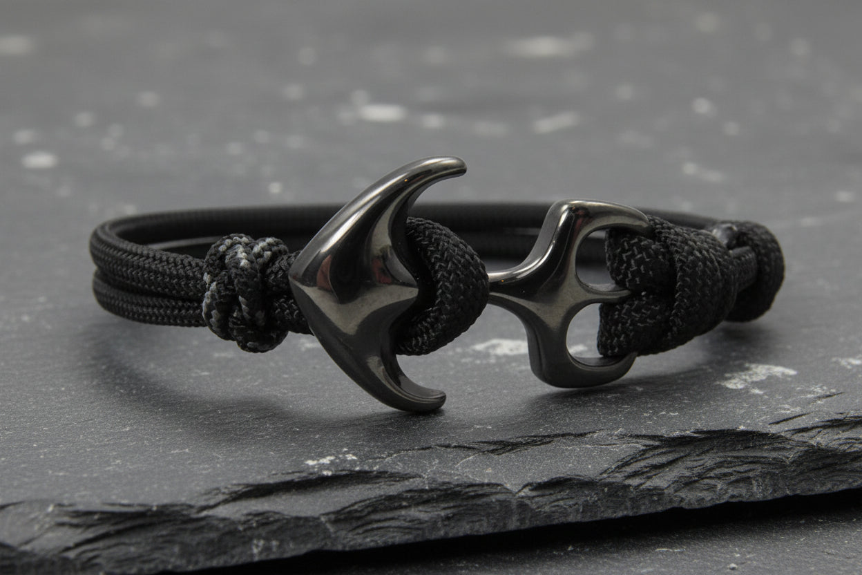 Maritimes Surfer Edelstahl Anker Armband-US Paracord III-Verstellbar-Unisex-Frauen, u. Männer Armband-Geschenk-Black mit Touch of Grey