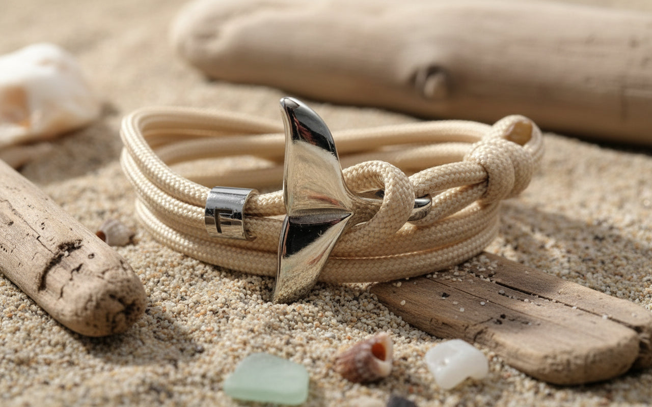Edelstahl Walflossen Armband mit Buchstabe-Wickelarmband-Verstellbar-US Paracord III-Caffé Latte