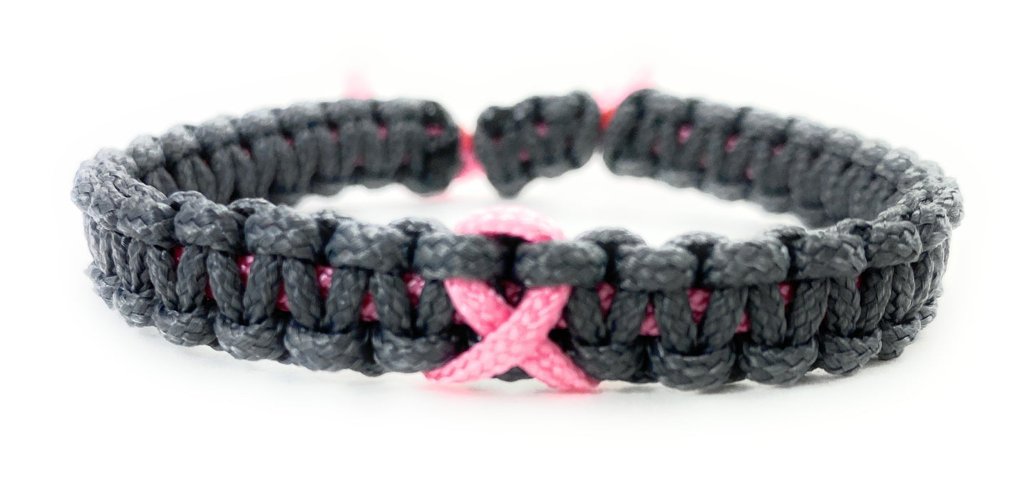 Paracord Armband Verstellbar-Brustkrebs Bewusstsein-Rosa Schleife-Ribbon-Breast Cancer Awareness Armband-Charcoral Grey