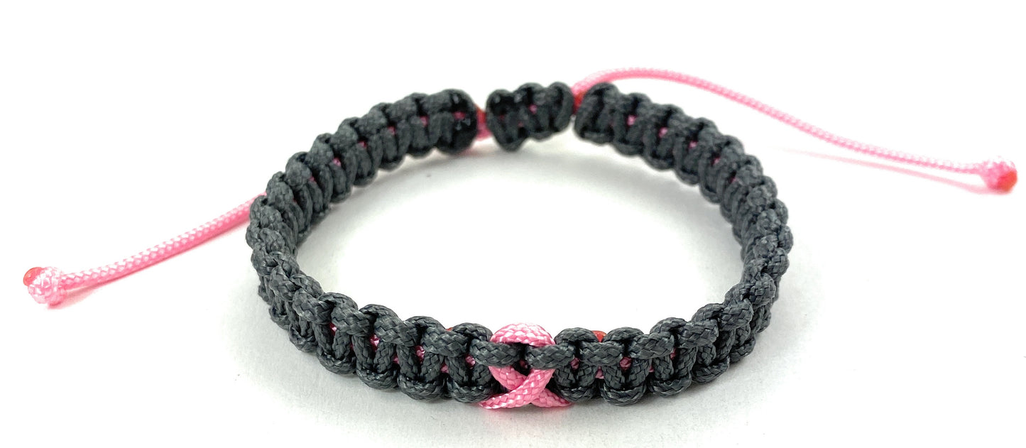 Paracord Armband Verstellbar-Brustkrebs Bewusstsein-Rosa Schleife-Ribbon-Breast Cancer Awareness Armband-Charcoral Grey