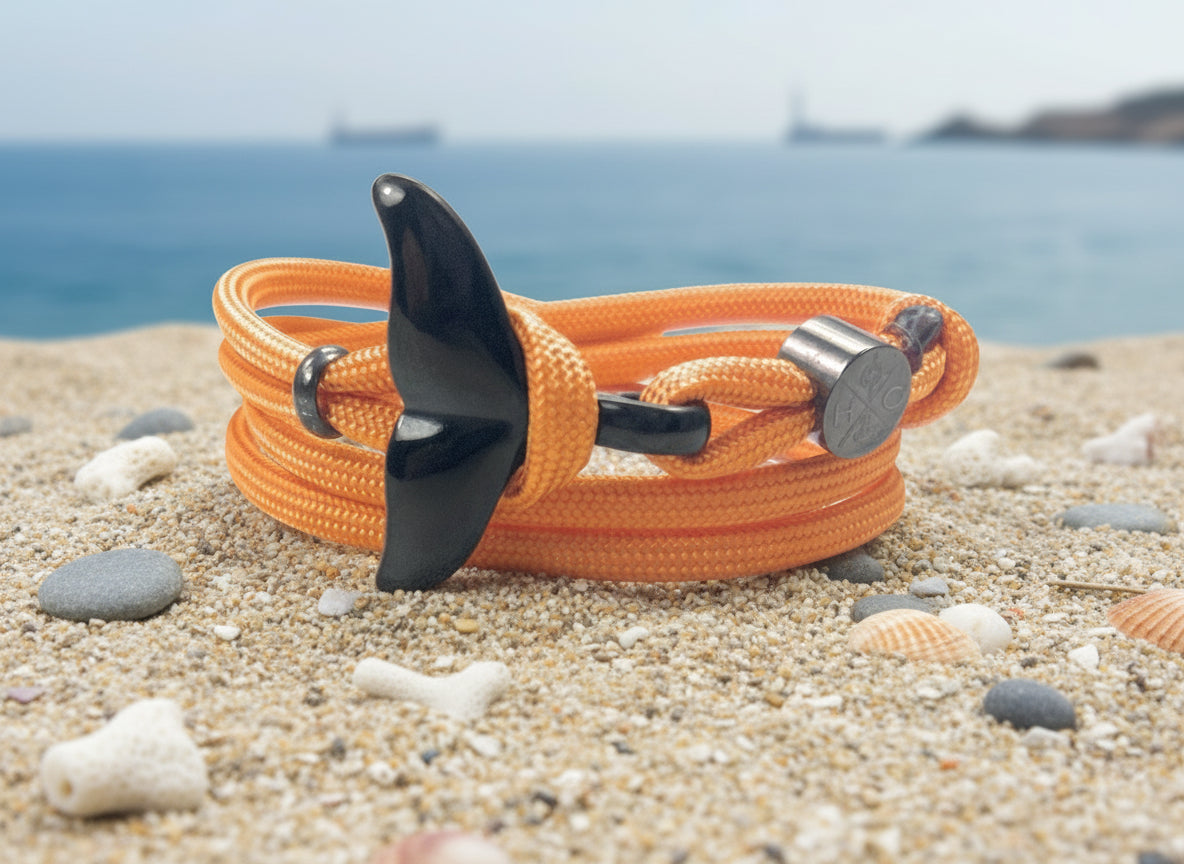 Schickes-Surfer Edelstahl Walflossen Armband -Paracord Typ III-Verstellbar-Royal Orange