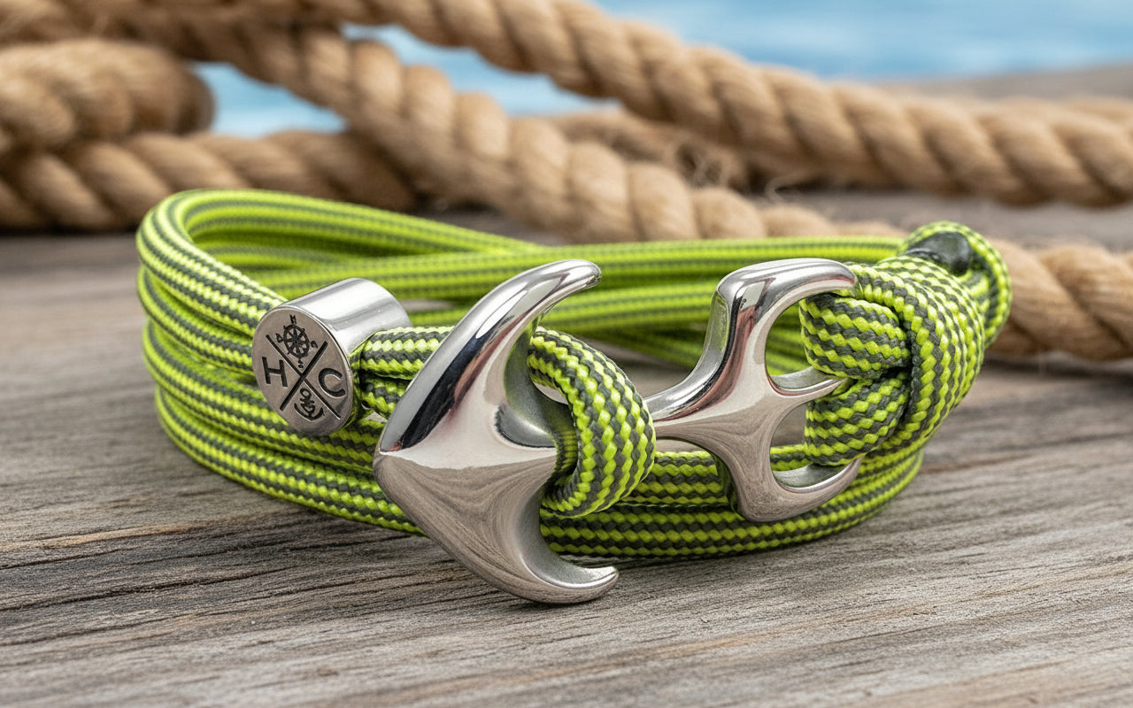 Maritimes Surfer Edelstahl Anker Armband-US Paracord III-Verstellbar-Unisex-Frauen, u. Männer Armband-Geschenk-Canary Yellow & Charcoal Grey Stripes