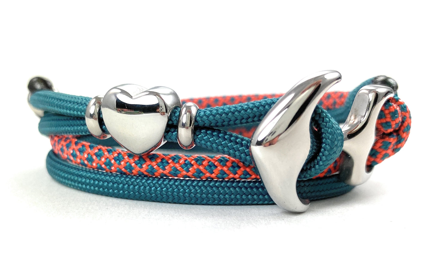 2 farbiges maritimes Surfer Edelstahl Anker Armband-US Paracord III-Verstellbar-Unisex-Frauen, u. Männer-Geschenk-Neon Orange & Teal  + Teal