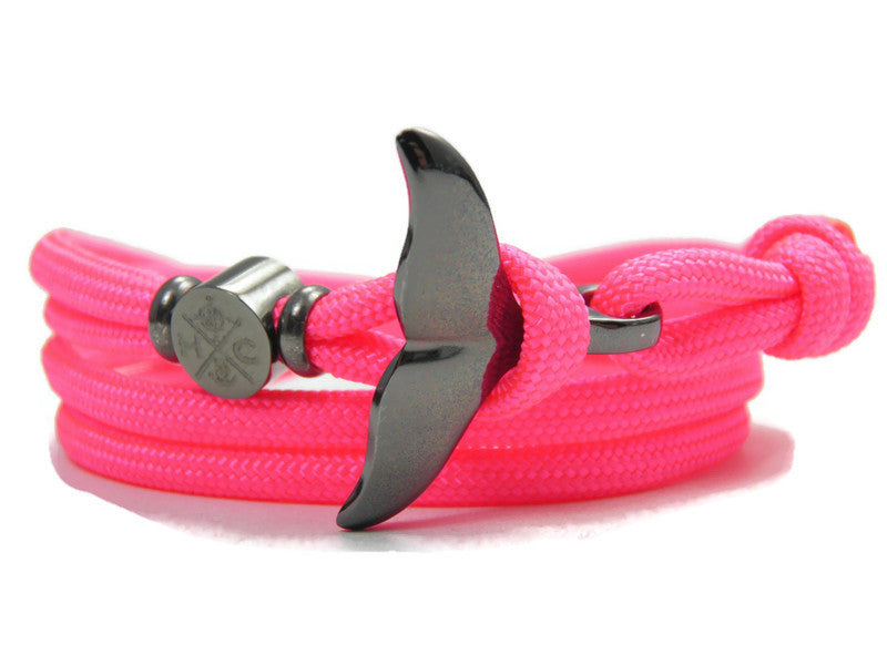 Schickes-Surfer Edelstahl Walflossen Armband -Paracord Typ III-Verstellbar-Neon Pink