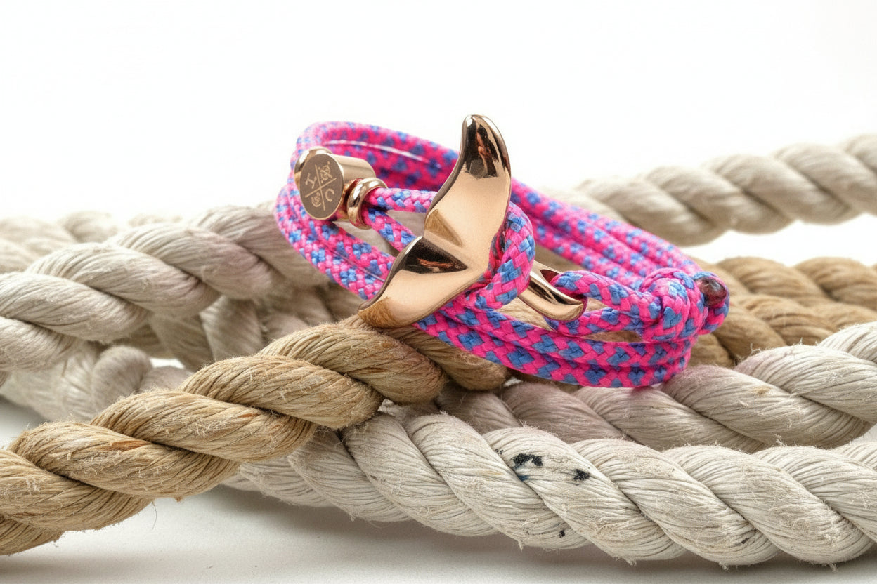 Schickes-Surfer Edelstahl Walflossen Armband -Paracord Typ III-Verstellbar-NeonPink & BabyBlueDiamonds