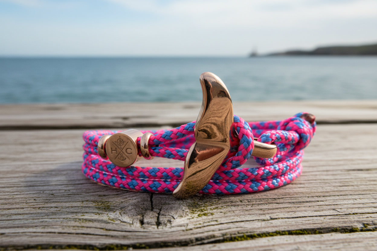 Schickes-Surfer Edelstahl Walflossen Armband -Paracord Typ III-Verstellbar-NeonPink & BabyBlueDiamonds