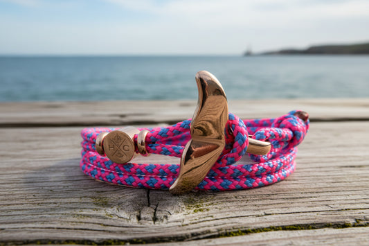 Schickes-Surfer Edelstahl Walflossen Armband -Paracord Typ III-Verstellbar-NeonPink & BabyBlueDiamonds