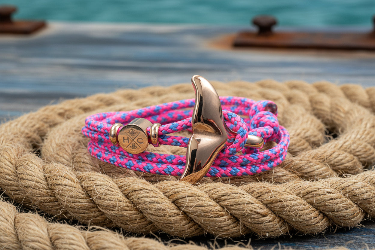 Schickes-Surfer Edelstahl Walflossen Armband -Paracord Typ III-Verstellbar-NeonPink & BabyBlueDiamonds