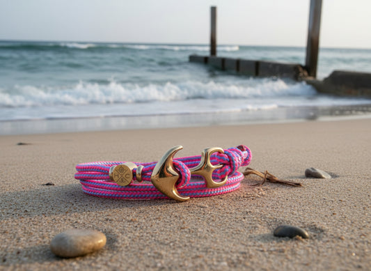 Maritimes Surfer Edelstahl Anker Armband-US Paracord III-Verstellbar-Unisex-Frauen, u. Männer Armband-Geschenk-Neon Pink & Baby Blue Stripes