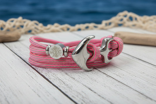 Maritimes Surfer Edelstahl Anker Armband-US Paracord III-Verstellbar-Unisex-Frauen, u. Männer Armband-Geschenk-Neon Pink & Mint Stripes