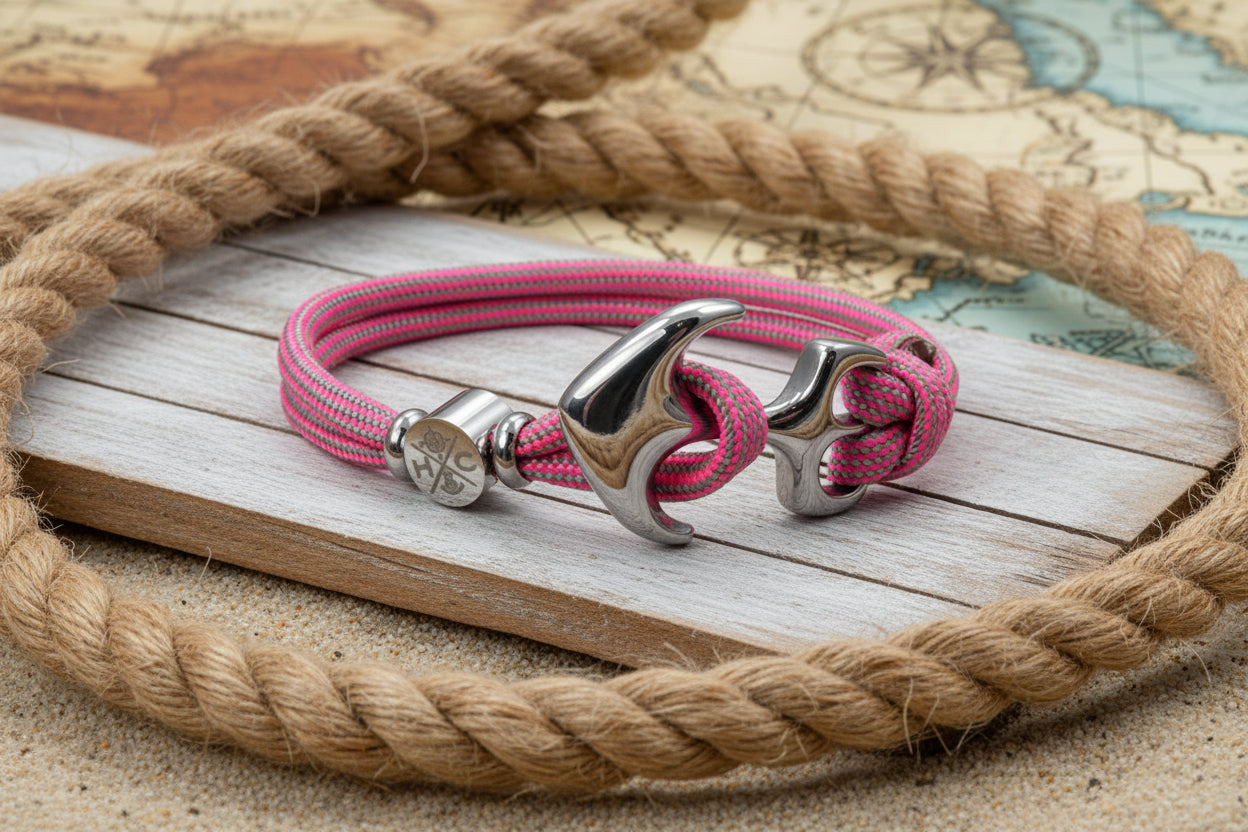 Maritimes Surfer Edelstahl Anker Armband-US Paracord III-Verstellbar-Unisex-Frauen, u. Männer Armband-Geschenk-Neon Pink & Mint Stripes