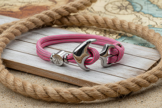 Maritimes Surfer Edelstahl Anker Armband-US Paracord III-Verstellbar-Unisex-Frauen, u. Männer Armband-Geschenk-Neon Pink & Mint Stripes