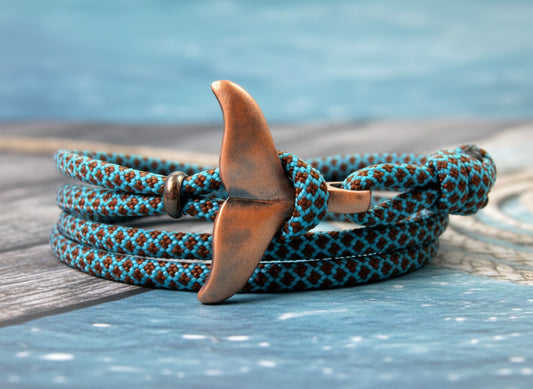 Schickes-Surfer Edelstahl Walflossen Armband -Paracord Typ III-Verstellbar-Neon Turqouise & Chocolate Brown