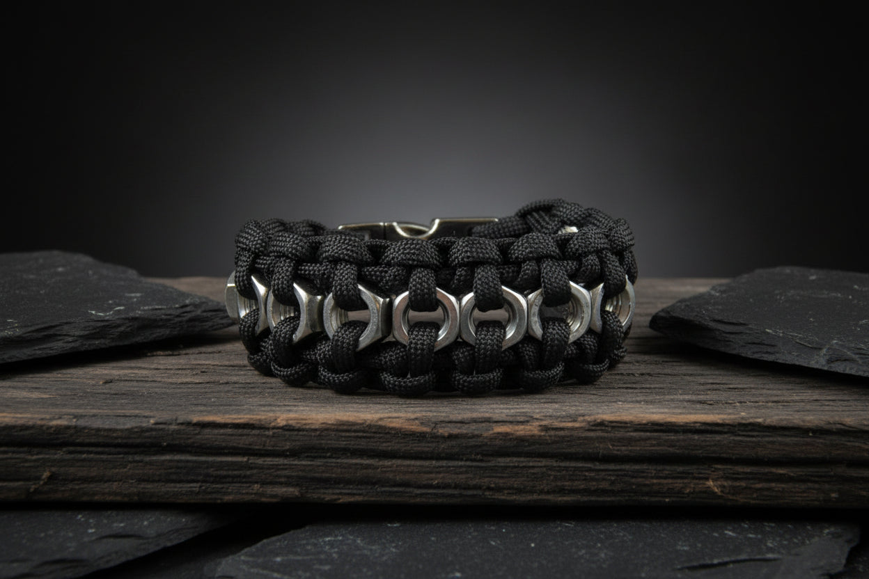 Paracord Armband-mit Edelstahl Sechskantmuttern-Männer Armband-Biker-Black