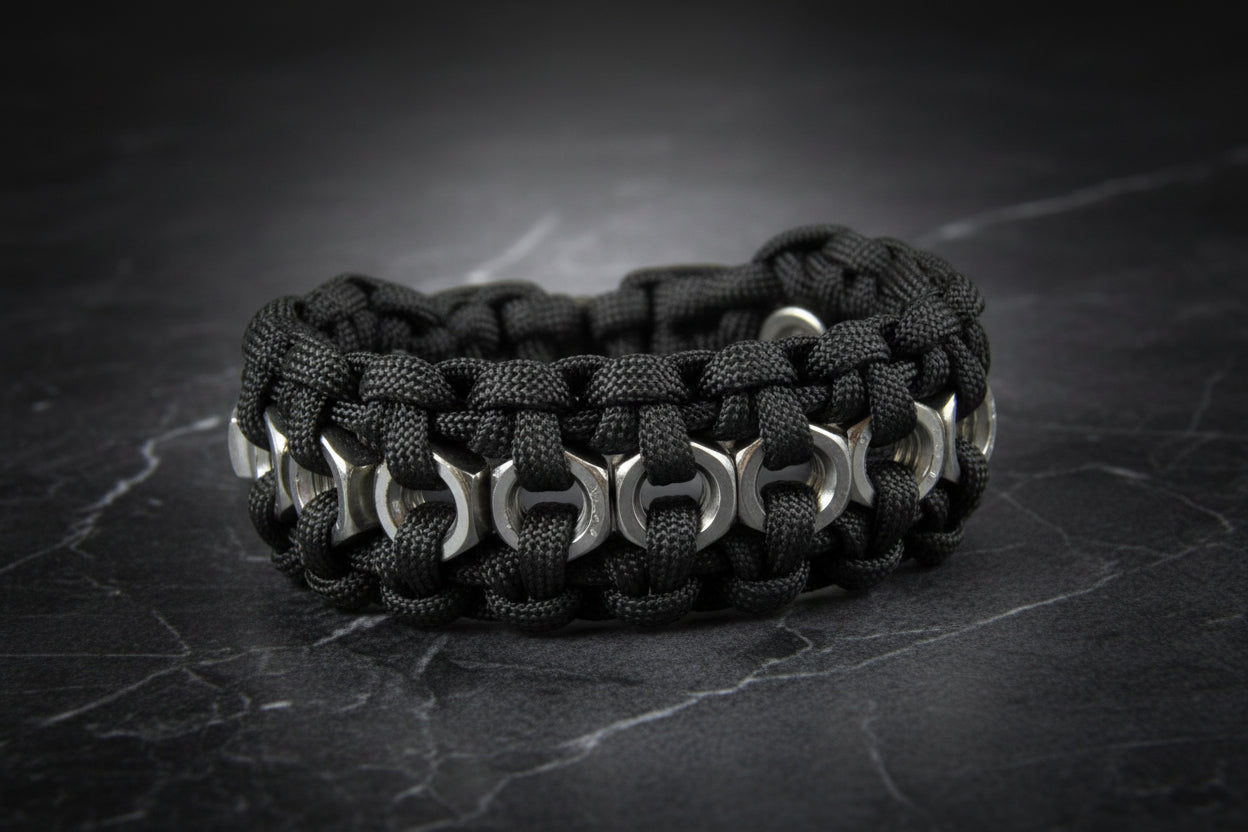 Paracord Armband-mit Edelstahl Sechskantmuttern-Männer Armband-Biker-Black