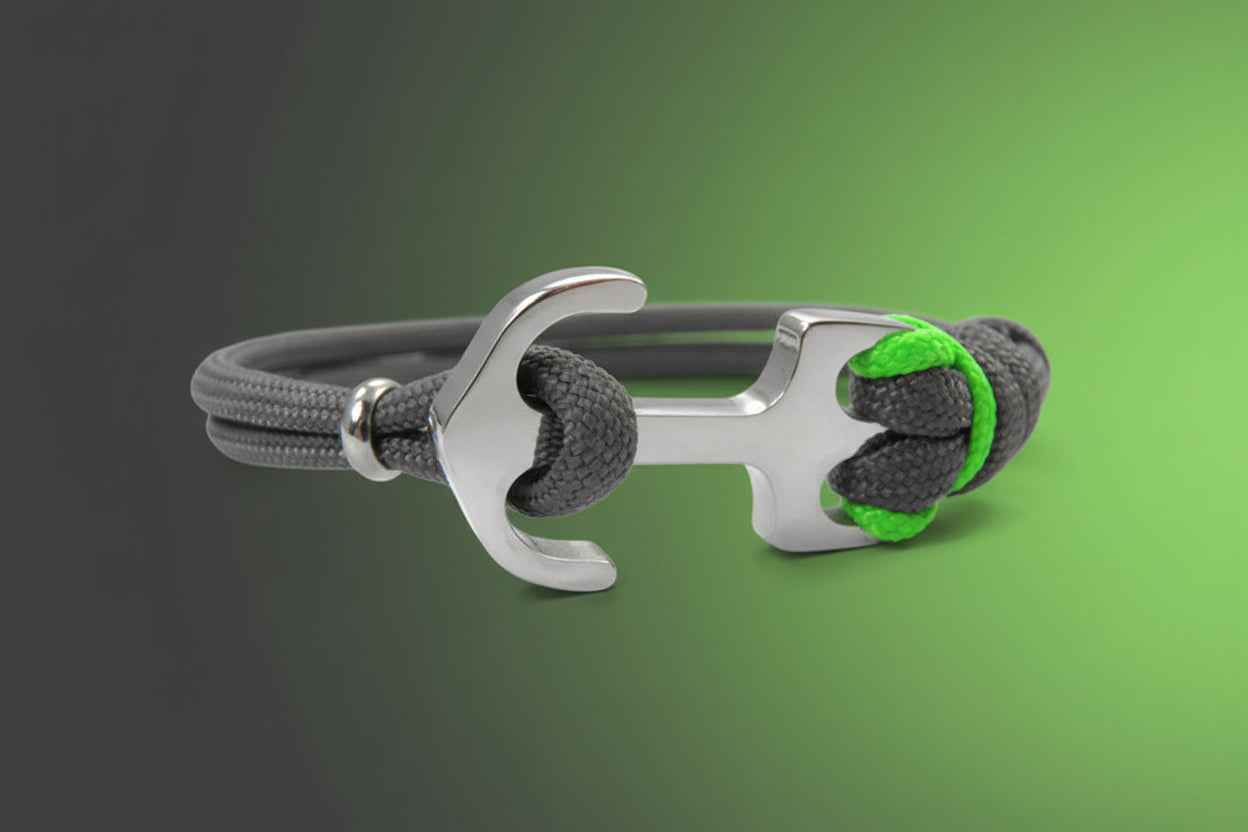 Maritimes Surfer Edelstahl Anker Armband-US Paracord III-Verstellbar-Unisex-Frauen, u. Männer Armband-Geschenk-Charcoal Grey & Akzentfarbe Neon Green