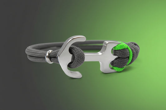 Maritimes Surfer Edelstahl Anker Armband-US Paracord III-Verstellbar-Unisex-Frauen, u. Männer Armband-Geschenk-Charcoal Grey & Akzentfarbe Neon Green