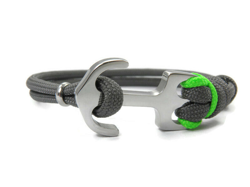 Maritimes Surfer Edelstahl Anker Armband-US Paracord III-Verstellbar-Unisex-Frauen, u. Männer Armband-Geschenk-Charcoal Grey & Akzentfarbe Neon Green