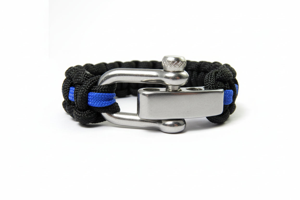 Paracord Typ 3 Armband, ca. 2,8 cm breit -Thin Blue Line-Polizei-Männer, Frauen Armband-Schwarz