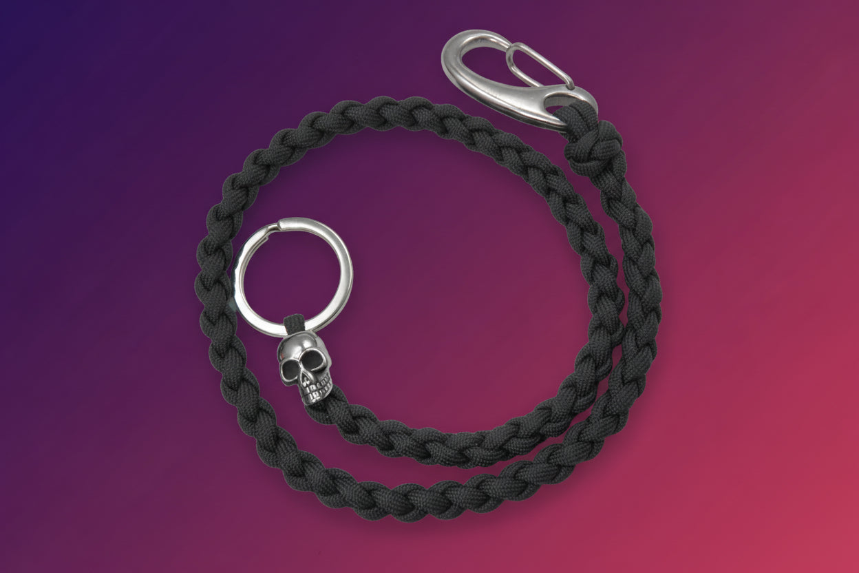 Schlüsselkette-US Paracord Typ III-Handmade-Schlüsselband-5 cm Edelstahl Karabiner-Edelstahl Skull-Portemonnaiekette-Hosenkette-Geschenkidee-Schwarz