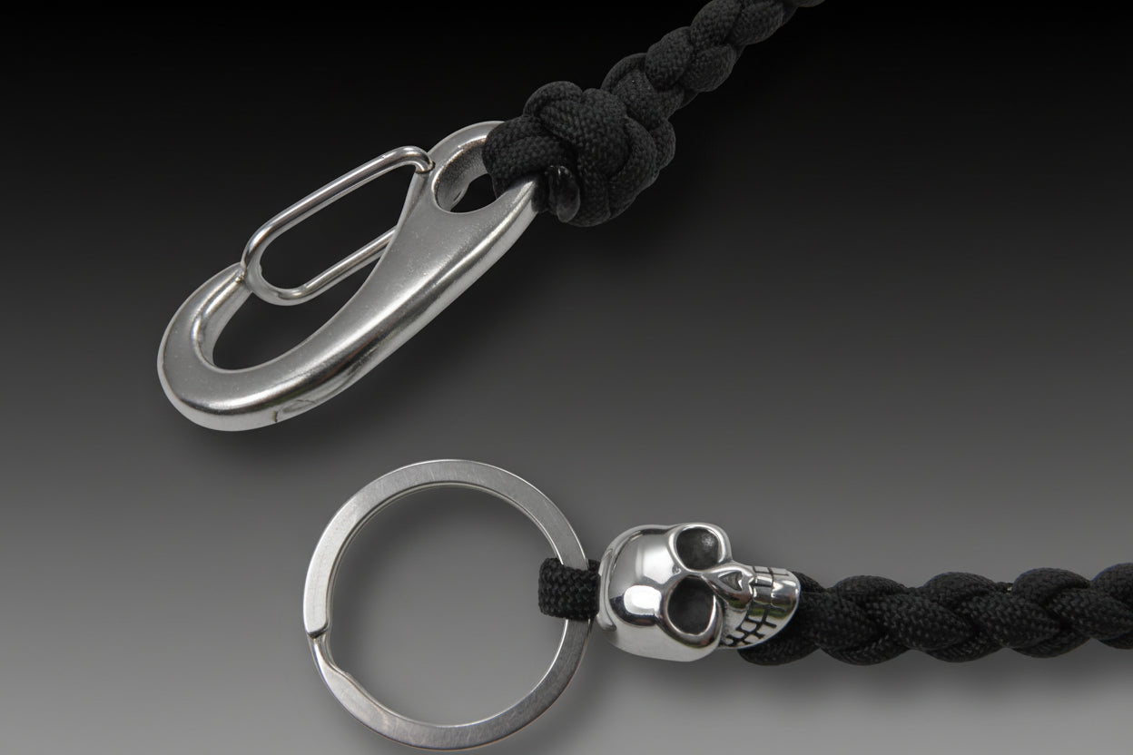 Schlüsselkette-US Paracord Typ III-Handmade-Schlüsselband-5 cm Edelstahl Karabiner-Edelstahl Skull-Portemonnaiekette-Hosenkette-Geschenkidee-Schwarz