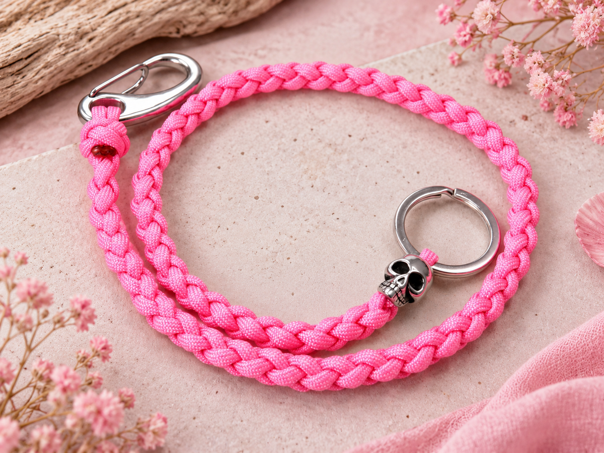 Paracord Portemonnaie Kette - Schlüsselkette mit Edelstahl Totenkopf und Karabiner – Rose Pink