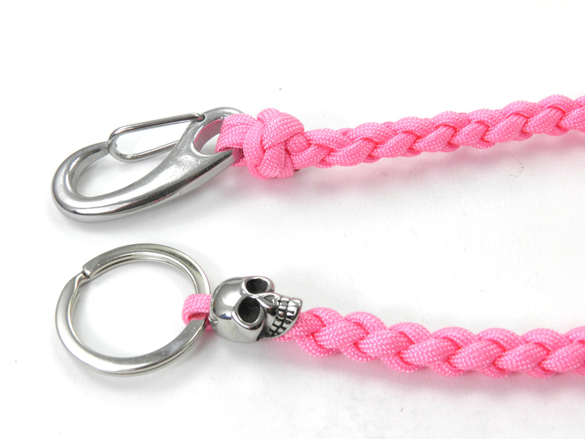 Paracord Portemonnaie Kette - Schlüsselkette mit Edelstahl Totenkopf und Karabiner – Rose Pink