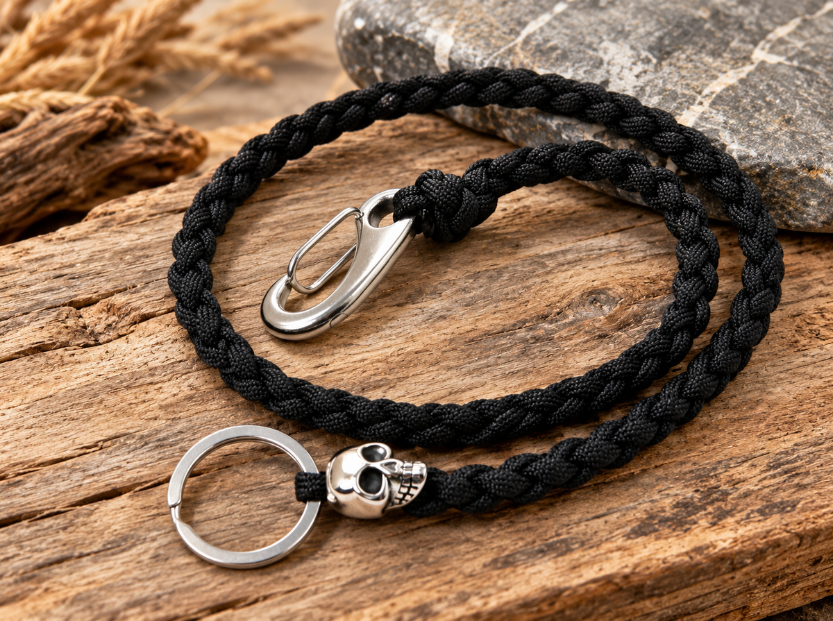 Schwarze Paracord Portemonnaie Kette mit Edelstahlkarabiner, Edelstahlschlüsselring und Edelstahl-Totenkopf auf rustikalem Holz.