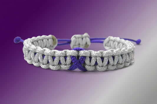 Paracord Armband Verstellbar-Lila Schleife-Ribbon-Awareness Armband-Fibromyalgie Bewusstsein-Solidarität-Silver Grey