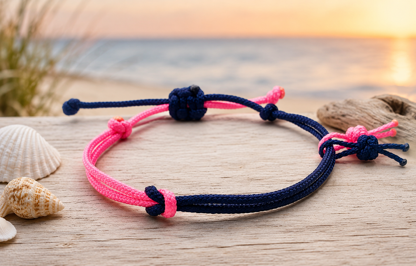 Paracord Coast Duo Armband – verstellbares Surferarmband – freie Farbwahl – Unisex - Midnight Blue & Neon Pink